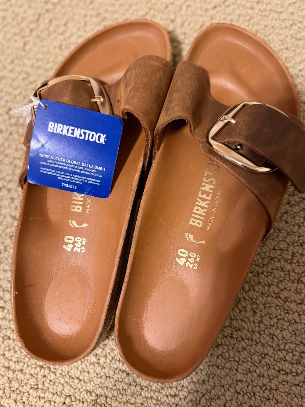 Birkenstock Single Strap Slides in Brown with Gold Buckles - Picture 2 of 2